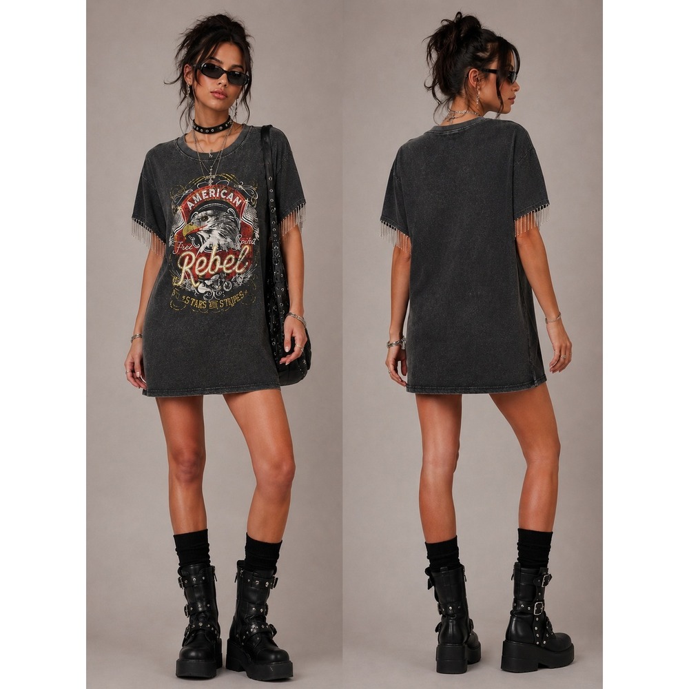 Black T Shirt Dress S Beaded Fringe Indie Sleaze Grunge Y2K Rebel Biker Moto